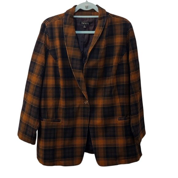 Iman: 2pc Plaid Pantsuit, Size 2X, Brunt Orange, Brown, Black - Picture 4 of 13